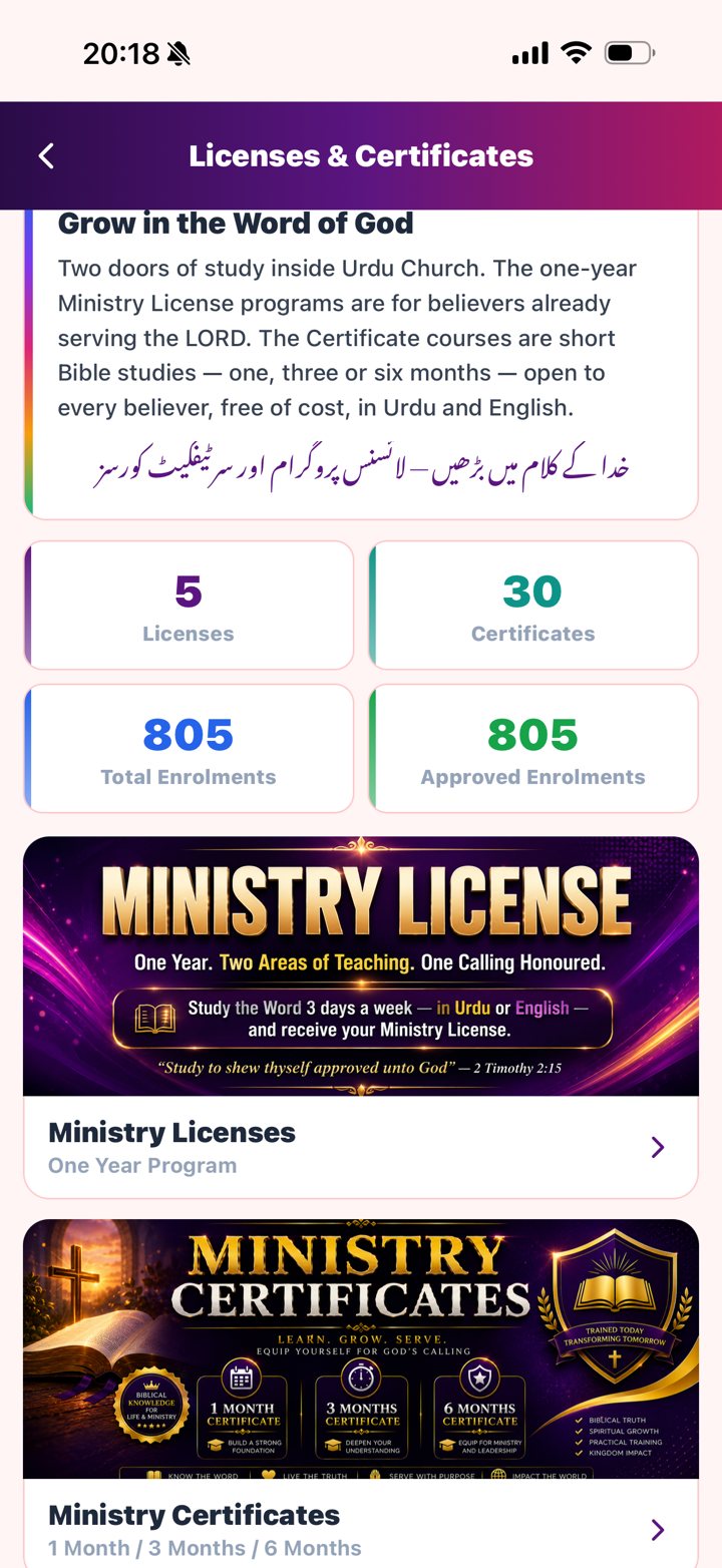 Licenses & Certificates screen of the Urdu Church App